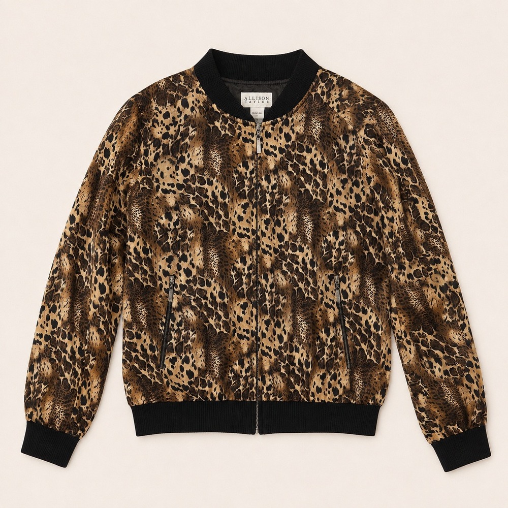 Allison Taylor Silk Leopard Print Bomber Jacket Brown Tan Animal Print M Cat